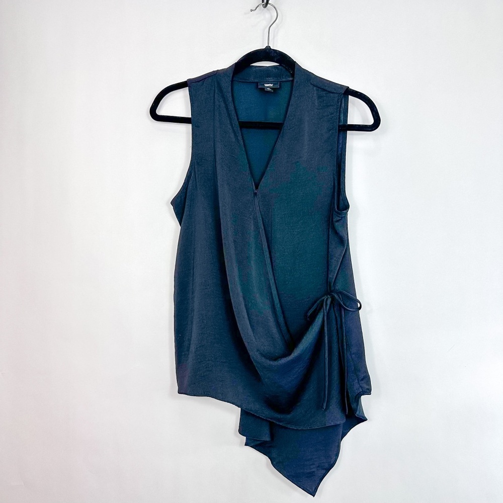 Wassup Vintage Black Satin Sleeveless Wrap Blouse